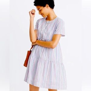Madewell Striped Crewneck Button-front Tiered Mini Dress